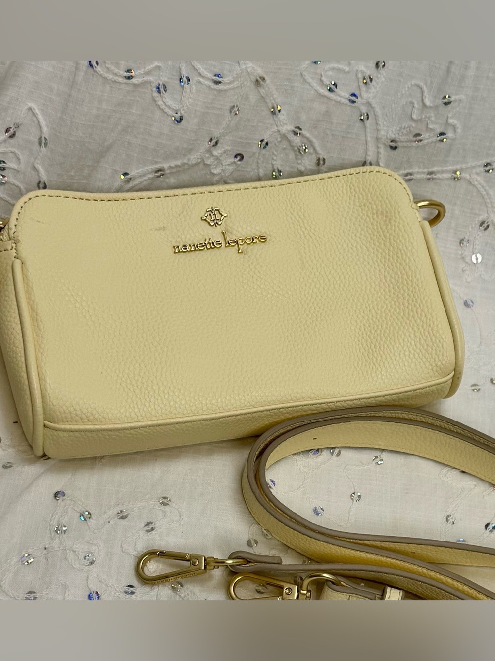 Nanette Lepore Cream Vegan Leather Crossbody Bag Gold Hardware